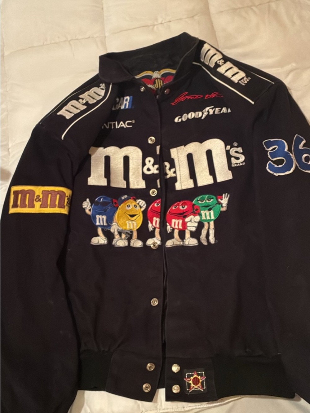 Nascar M&M's Black Bomber Jacket with Multicolor Character Embroidery